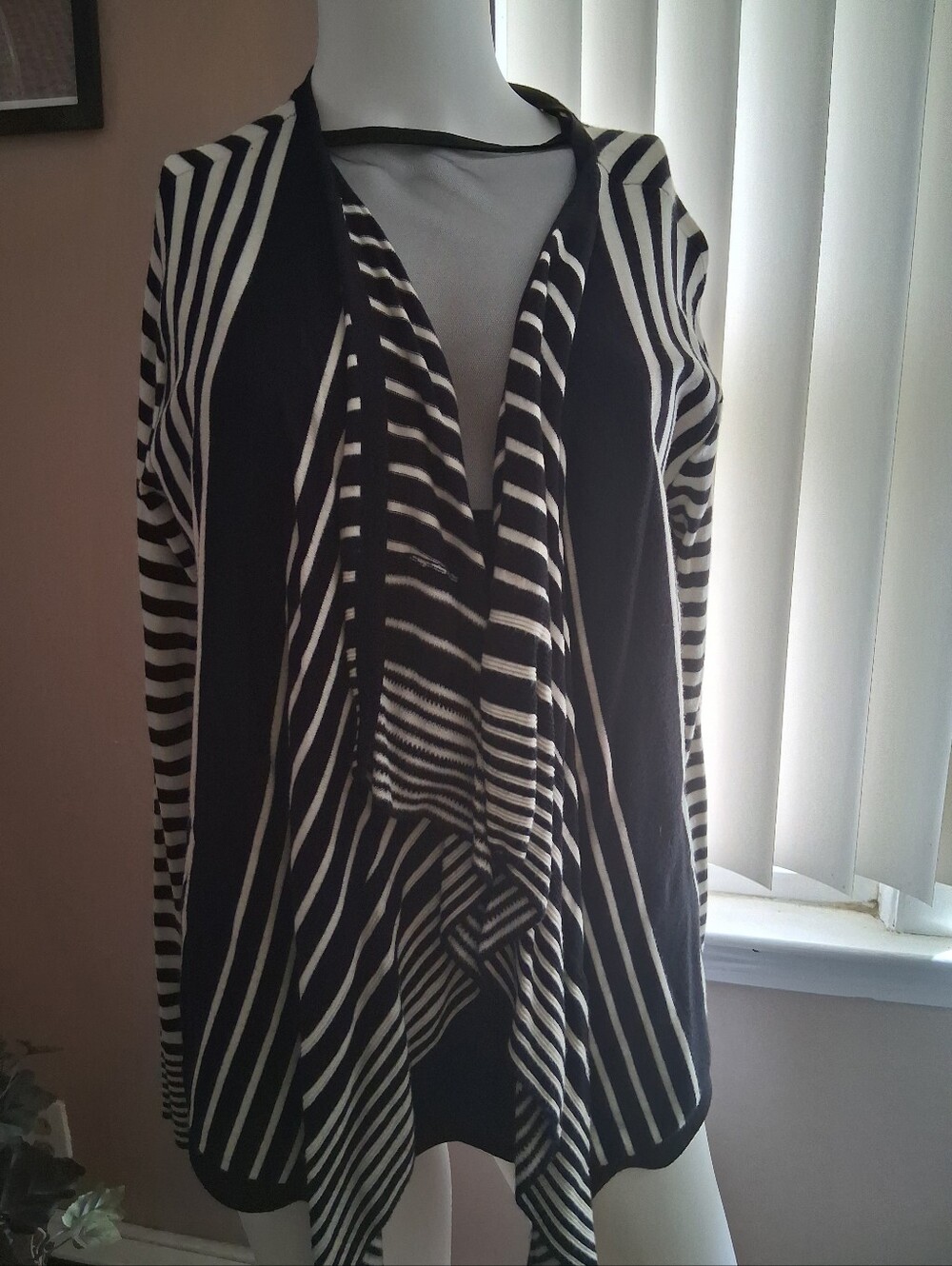 Alfani Black and White Striped Draped Open-Front Cardigan